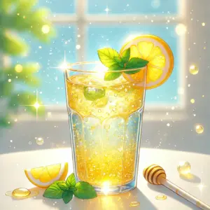 ハニーレモンソーダのグラスが置かれているイラスト。キラキラした炭酸の泡が、これから始まる爽やかな青春を予感させる。