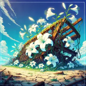廃墟となった機械の残骸から、たくさんの白いユリの花が力強く咲き誇っている希望の光景