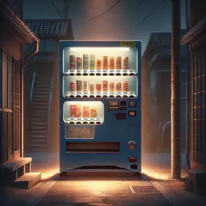 夜の自動販売機。取り出し口に、缶コーヒーと缶のおしるこが二つ並んで置かれている。