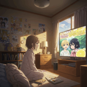 アニメ『ハニーレモンソーダ』最終回を見て涙を流す女子高校生の横顔｜テレビには界と羽花が映り、感動シーンに共感して泣く感情的なワンシーン 