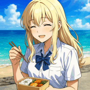 『沖縄で好きになった子が方言すぎてツラすぎる』の比嘉さんが笑顔で弁当を食べているシーン。制服姿で海辺に座り、箸を持って楽しそうに食事をしている様子が描かれている。背景には青い海と空が広がり、穏やかな雰囲気が漂う。 