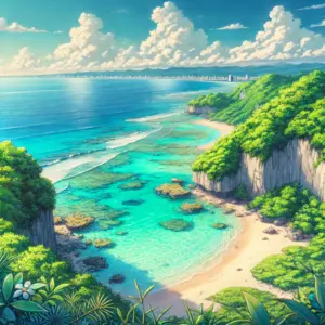 アニメ『沖縄で好きになった子が方言すぎてツラすぎる』の舞台を思わせる、美しい沖縄の海岸風景。エメラルドグリーンの海と珊瑚礁、断崖と熱帯植物が織りなす自然の絶景が描かれたアニメ風ビジュアル