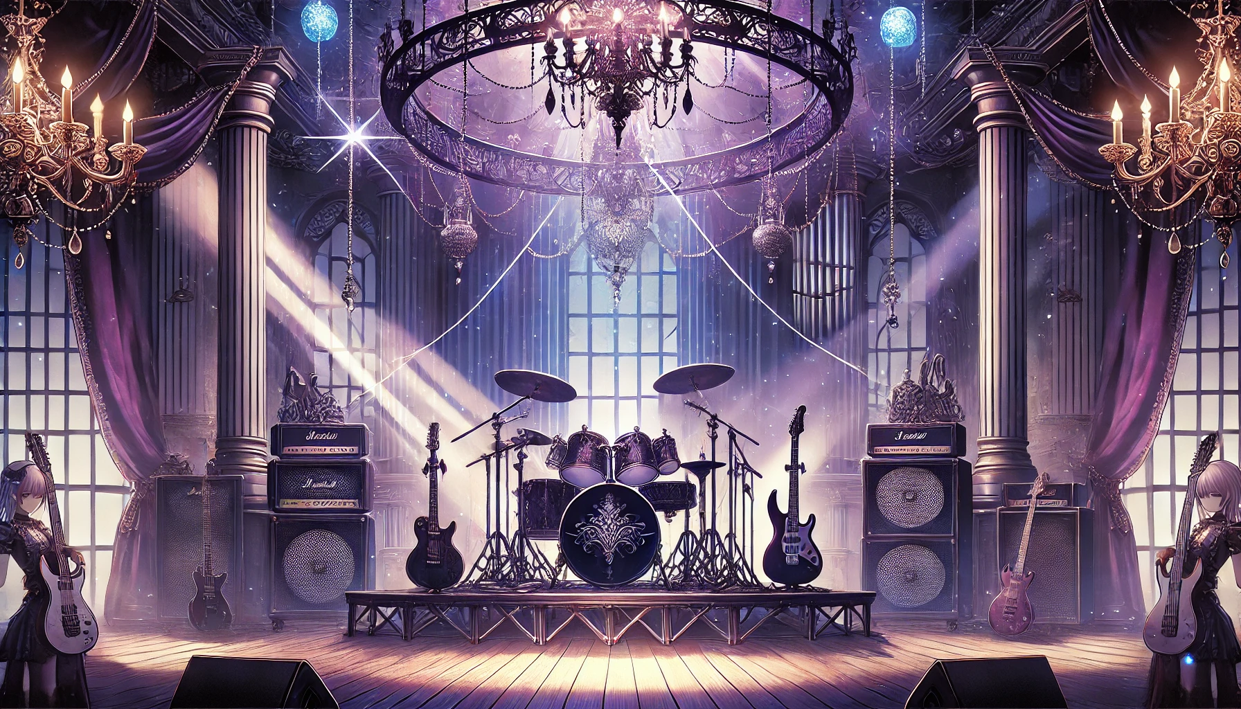 「紫と青の照明が印象的なライブステージ。人の姿はなく、ギターやドラムなどの楽器が静かに置かれている。神秘的かつゴシックな雰囲気が漂い、『Ave Mujica』の芸術的でドラマティックな世界観を象徴している構図。」
