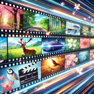 高速で流れるフィルムのコマがところどころ省略されているイラスト。アニメ版のテンポの良さと省略された描写を象徴している。