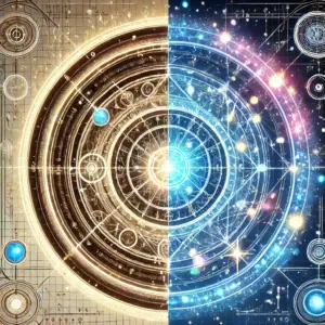 半分は緻密な設計図、もう半分は派手な光のエフェクトになっている魔法陣のイラスト。原作とアニメの魔法表現の違いを象徴している。