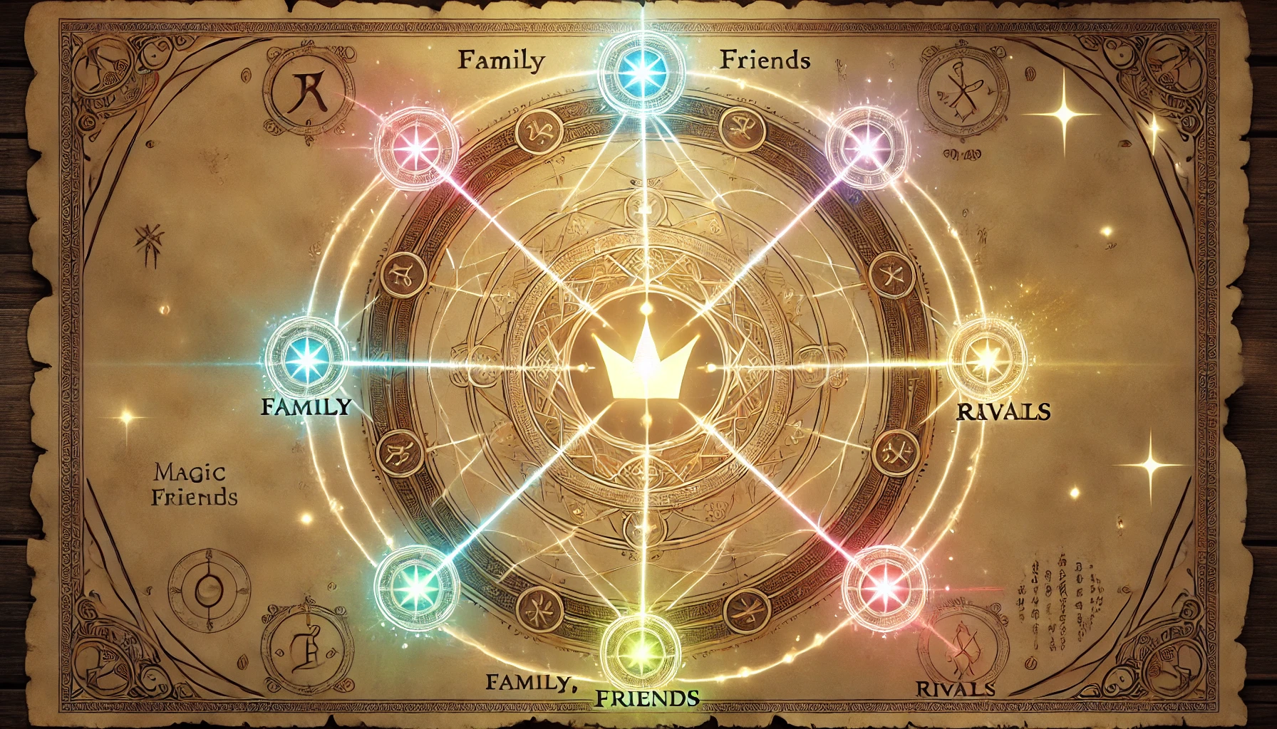 古い羊皮紙に描かれた、中心に王冠が輝く魔法陣のイラスト。様々なキャラクターとの運命の繋がりを象徴している。