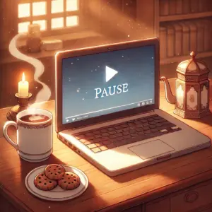 机の上に置かれたノートパソコンとマグカップのイラスト。配信でアニメを楽しむ、温かいおうち時間を象預している。