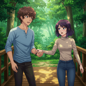 アニメ風の男女が森の中の橋で向かい合い、男性が女性の手首をそっと掴んでいる場面 