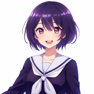 制服姿の紫髪のアニメ風の女の子が、笑顔でまっすぐ立っている全身イラスト