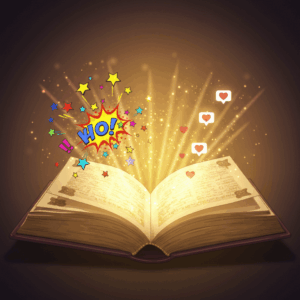 開かれた魔導書から、片方には笑いのフキダシ、もう片方には感動の光が飛び出しているイラスト。『ウィッチウォッチ』の笑いと感動の魅力を象徴している。
