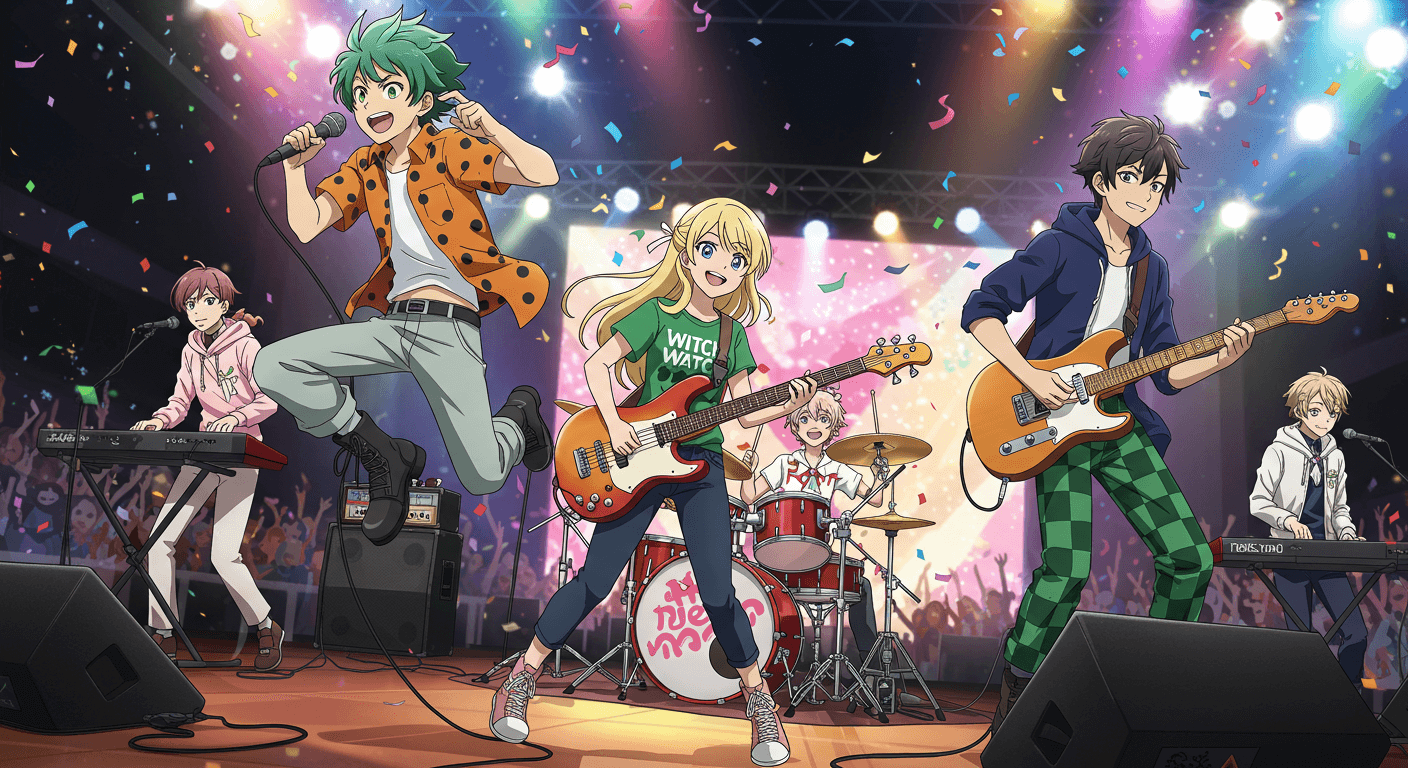 ウィッチウォッチのキャラクターたちがバンド演奏するライブシーン。熱気あるステージと観客が魅力。