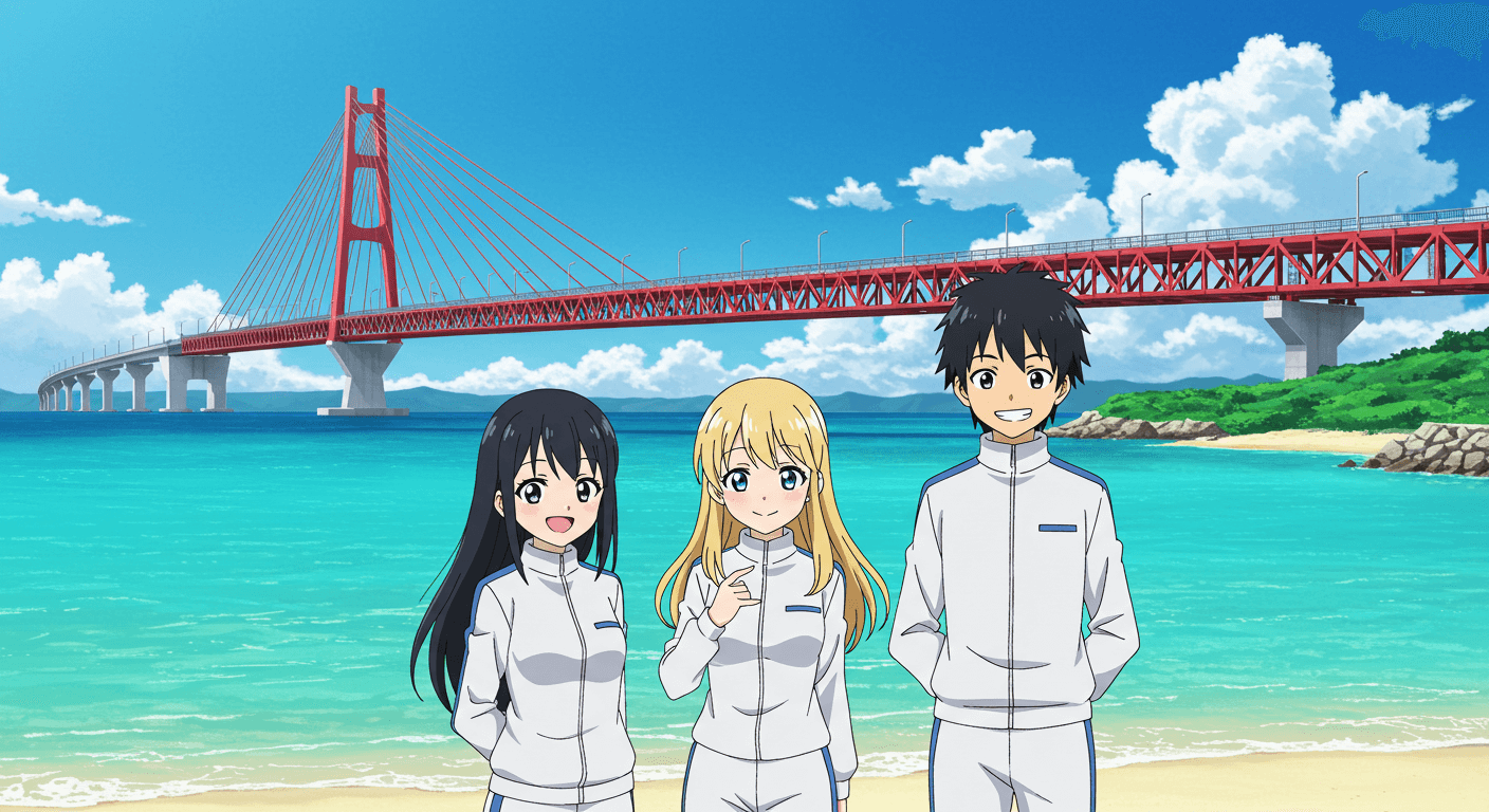 アニメ『沖縄で好きになった子が方言すぎてツラすぎる』のワンシーン。青い海と赤い橋を背景に、主人公たち3人がジャージ姿で笑顔を見せる、沖縄の自然と青春がまぶしいビジュアル。