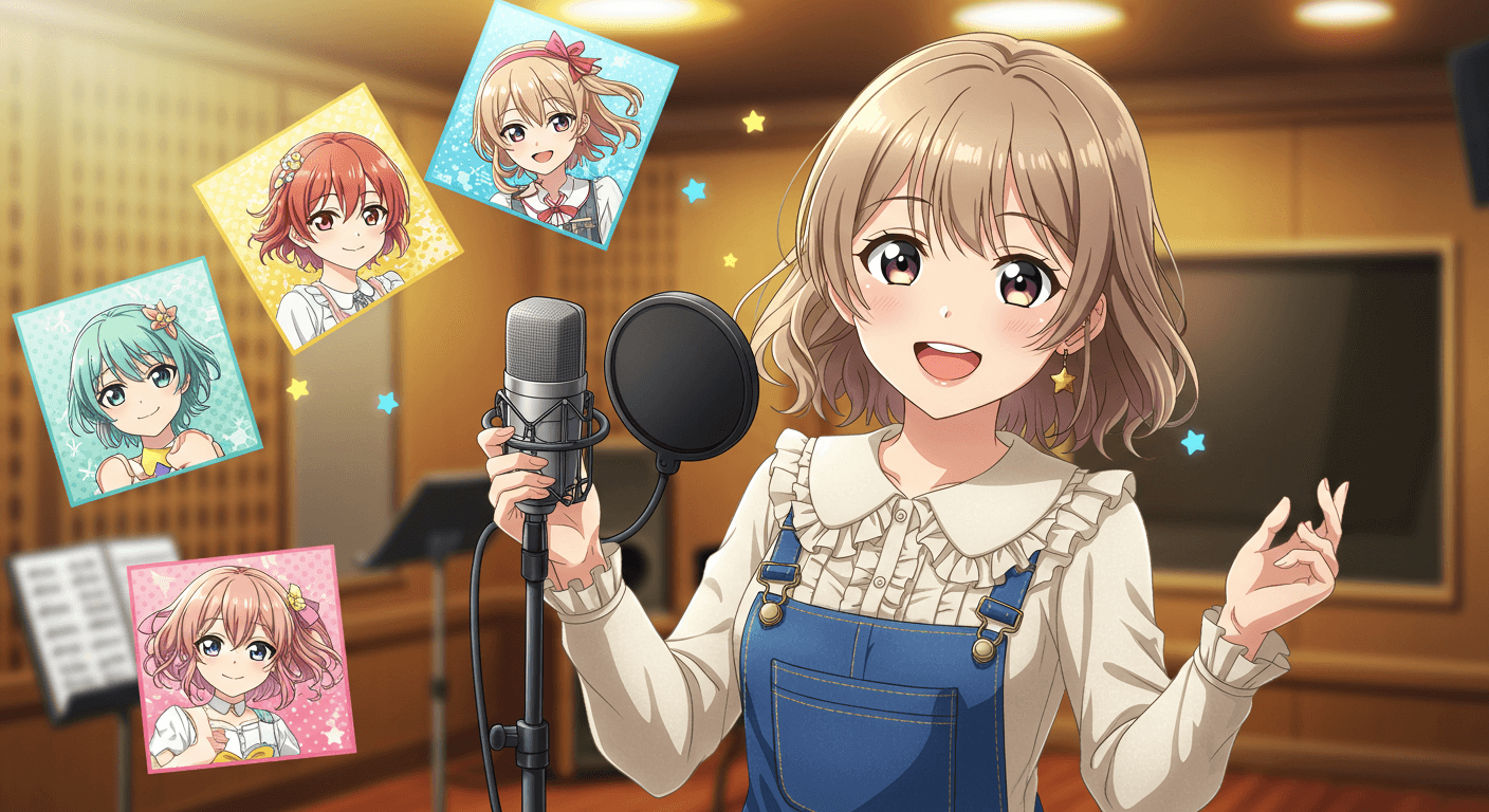 『沖縄で好きになった子が方言すぎてツラすぎる』の声優が収録スタジオで演技する様子を描いたイラスト。キャラクターごとの声の演じ分けや方言の再現に挑む姿が描かれ、作品の魅力を声で支えるプロの姿勢を表現している。