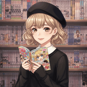 『沖縄で好きになった子が方言すぎてツラすぎる』の声優をイメージした女性が、原作漫画を手に取って読む様子。作中キャラクターの演技に向き合う姿勢や、作品理解のために原作を読み込む熱意が伝わるイラスト。 