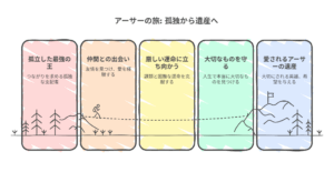 『最強の王様、二度目の人生は何をする？』主人公アーサーの成長を5段階で描いた図解。孤独な王から英雄への道のりを示す