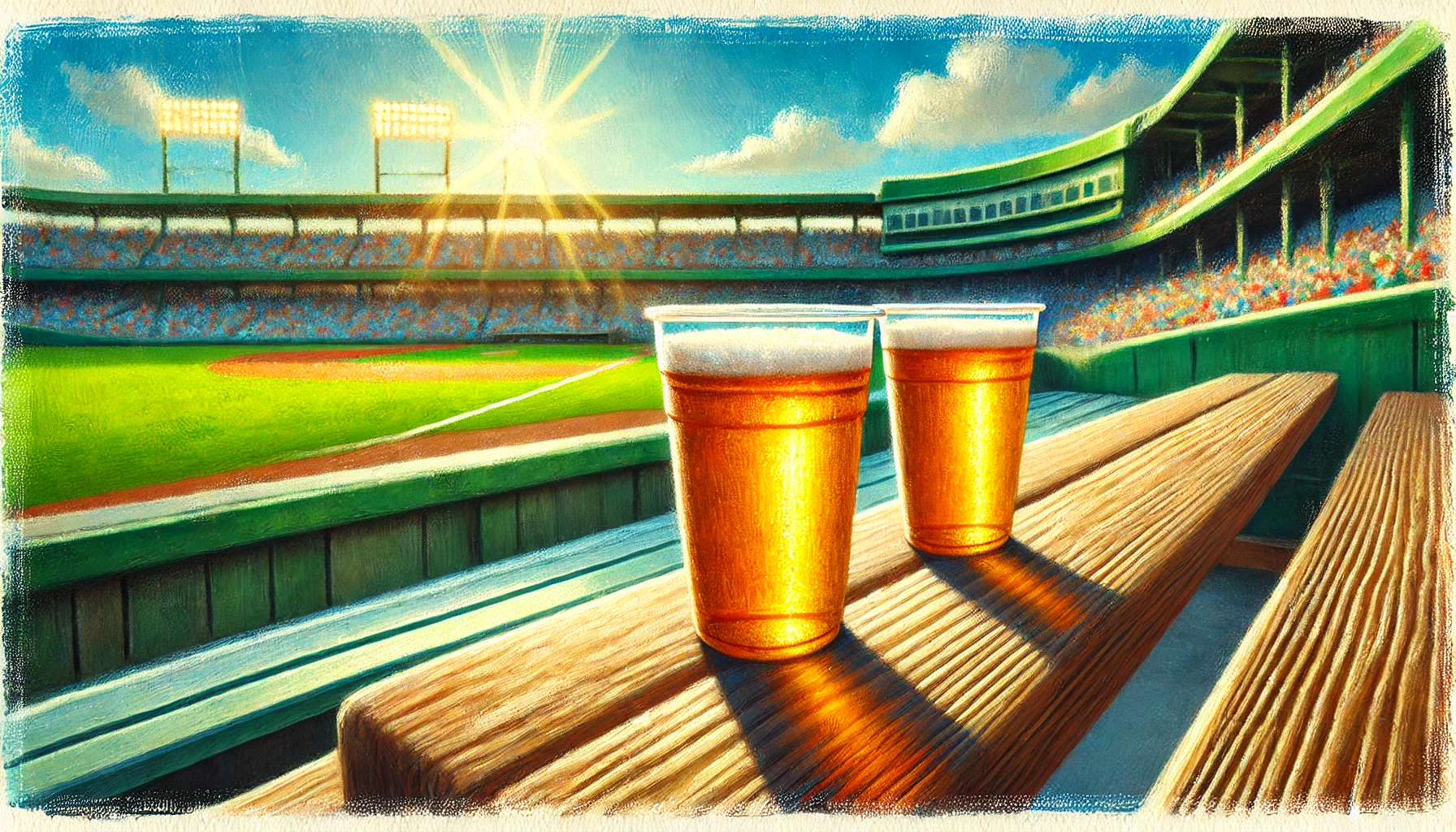 野球場のベンチに置かれた二つのビール。これから始まるルリコと村田の関係を暗示している。