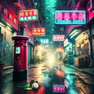 雨上がりの九龍の路地裏。濡れた地面にネオンが反射し、郵便ポストの上に一輪の睡蓮が置かれている