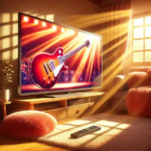 リビングのテレビでロックアニメの見逃し配信を視聴しているイメージ。自分のペースで楽しむ視聴スタイルを表している。