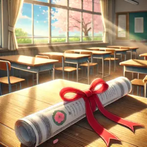 『ハニーレモンソーダ』の卒業を象徴する、机の上に置かれた卒業証書のイラスト。