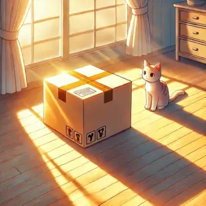 アニメ『結婚するって、本当ですか』の二人の始まりを象徴する、部屋に置かれた一つの段ボール箱と猫