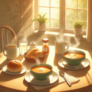 アニメ『結婚するって、本当ですか』の二人の心の距離を表現した、温かい朝食が並ぶ食卓