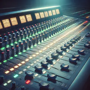 アニメの音声収録スタジオをイメージさせる、サウンドミキサーのアップ