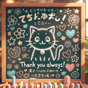 アニメ『猫に転生したおじさん』へのファンの感想を象徴する、カフェの黒板のメッセージ