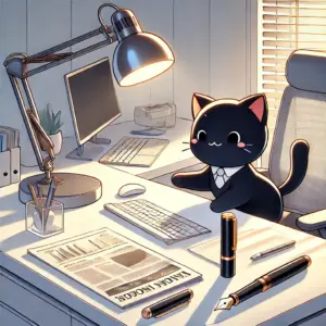 スタイリッシュなオフィスの机の上。ペンで遊ぶ可愛らしい黒猫の隣に、ビジネス新聞と万年筆が置かれている。