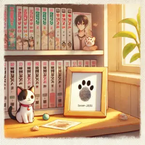 たくさんの本や漫画が並んだ本棚。棚には猫の肉球と人の指紋が並んだ写真立てと、猫のおもちゃが飾られている。