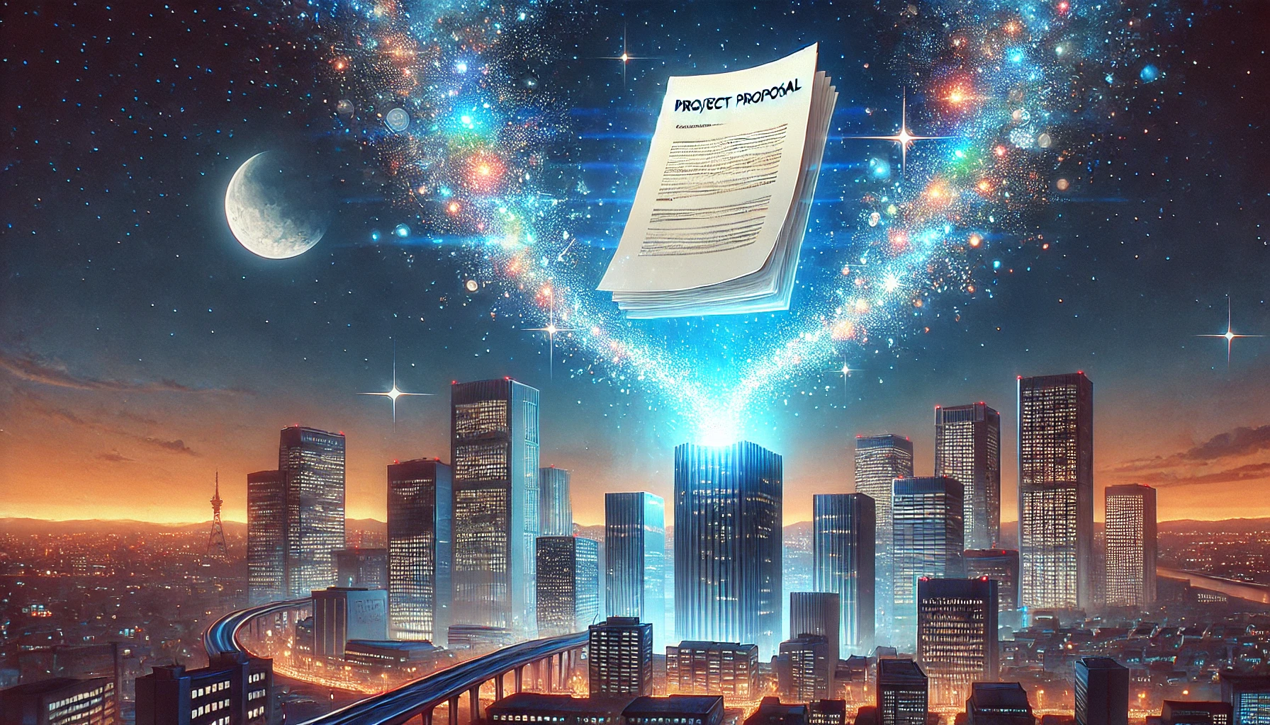 都会の夜景を背景に、宙に浮かぶ企画書から魔法の光が放たれている幻想的な風景。