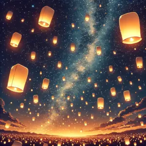 美しい夜空に、たくさんの光るランタンが浮かび上がり、天の川のような光の帯を形作っている。