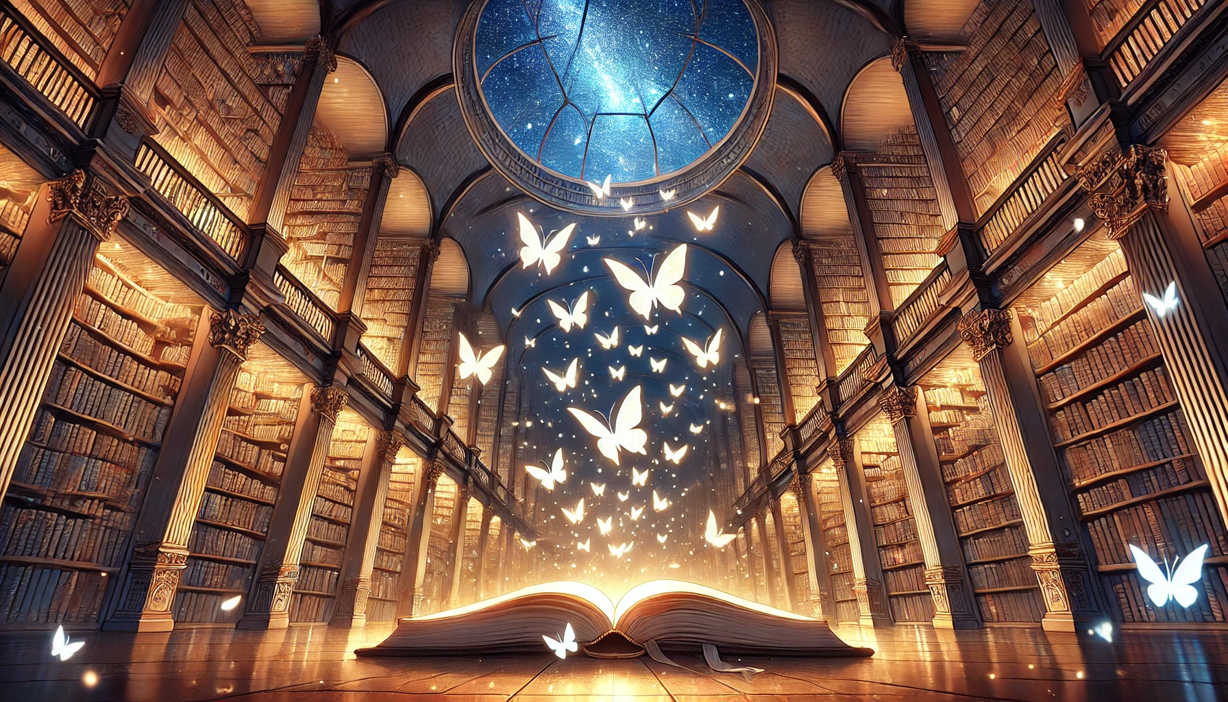 古い図書館で開かれた本から、無数の光る蝶が星空へと舞い上がっていく幻想的な風景。