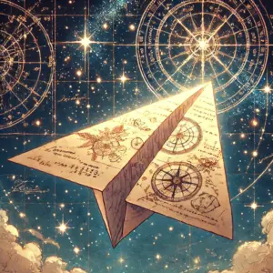 夜空を飛ぶ、天球図が描かれた羊皮紙の紙飛行機。自ら光を放っている。