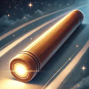星空を背景に、温かい光を放つ一本の木製のバトンが置かれている。