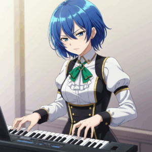 真剣な表情でキーボードを演奏する青いショートヘアのアニメ風女性キャラクター 