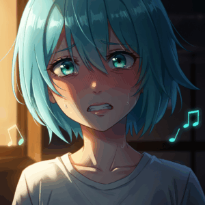青緑色のショートヘアの少女が驚きと緊張の表情を浮かべているアニメ風イラスト。頬を赤らめ、汗をにじませながら視線を上げ、白いTシャツを着ている。