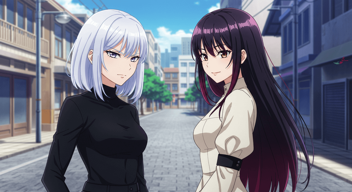 『ロックは淑女の嗜みでして』クールな銀髪の女性と落ち着いた黒髪の女性が路地に立つ、知性と気品を感じさせるツーショットシーン。