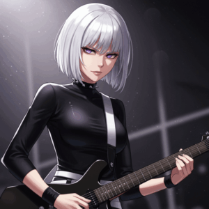 『ロックは淑女の嗜みでして』クールな銀髪ギタリストが黒の衣装で演奏するライブシーン。鋭い眼差しと美しい立ち姿が印象的。 