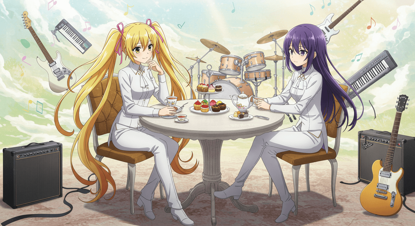 『ロックは淑女の嗜みでして』金髪と紫髪の女性キャラがティータイムを楽しむ一方で、周囲に楽器が並ぶギャップ演出の印象的なビジュアル。