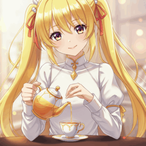 『ロックは淑女の嗜みでして』金髪ツインテールの少女が優雅に紅茶を注ぐシーン。気品ある笑顔とクラシカルな雰囲気が魅力。