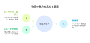 ユニークな設定、キャラクターの深さ、そして共感性の高さという3つの視点から、物語の魅力がどのように構成されているかを示す図解。
