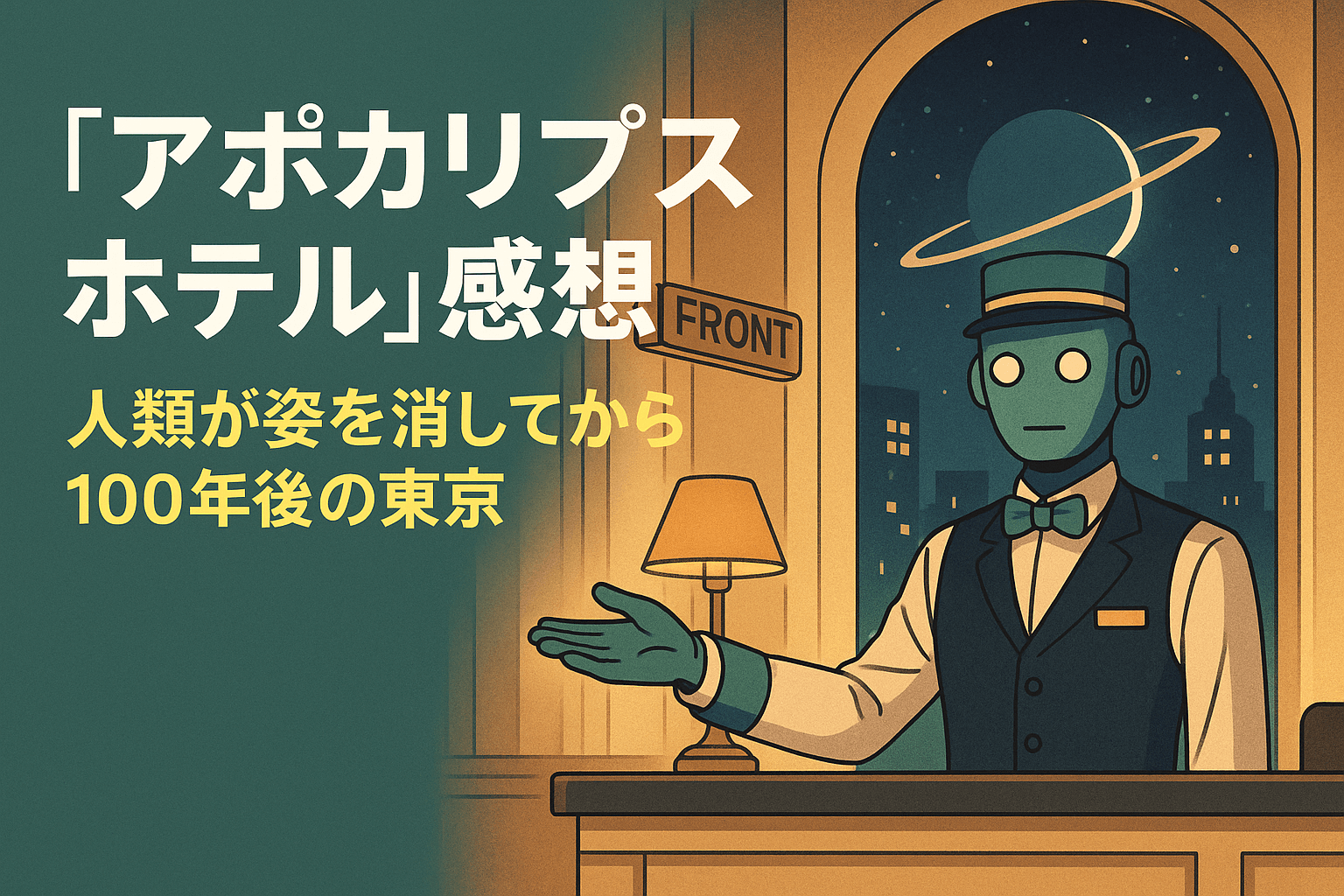 アニメ『アポカリプスホテル』の感想アイキャッチ画像。近未来の東京を舞台に、人類が消えた後もホテルで来客を迎えるロボットの姿を描写。静かでやさしい世界観を表現したイラスト。