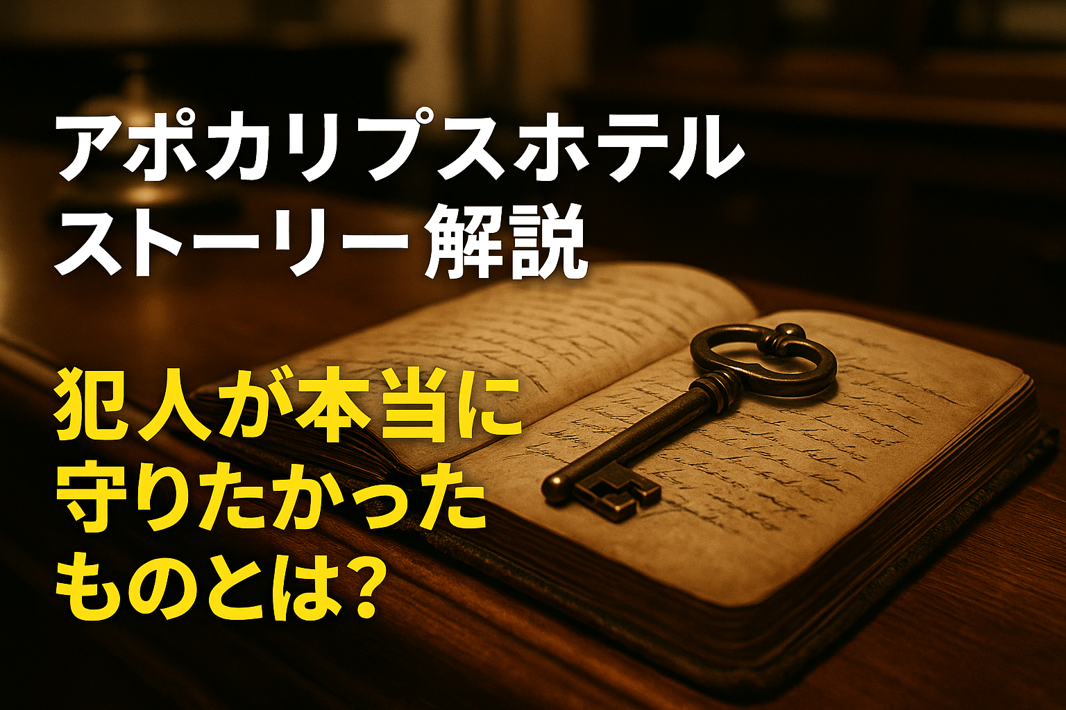 アポカリプスホテルのストーリー解説と考察記事のアイキャッチ画像。薄暗い部屋の木製デスクの上に、開かれた古い日記帳とアンティークな鍵が置かれている。これから物語の秘密を解き明かすような、ミステリアスな雰囲気。