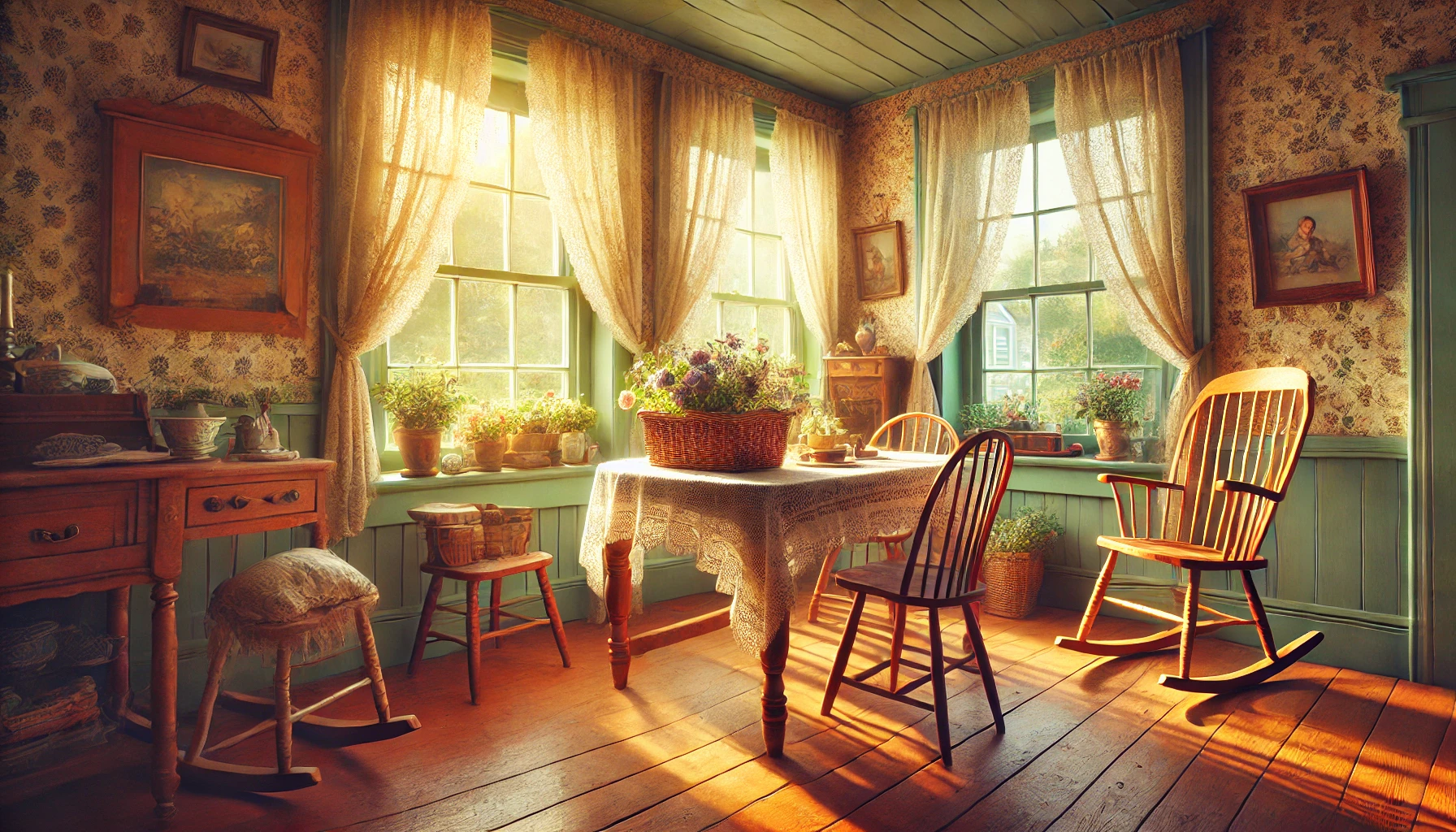 「『赤毛のアン』の世界観を再現したノスタルジックな室内。夕陽が差し込むレトロな木造の部屋。」