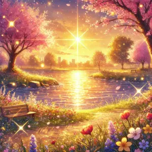 夕日に照らされ金色に輝く湖と、満開の桜が咲く春の風景。