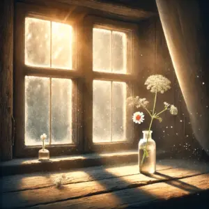 窓辺に置かれた一輪挿しの花に、希望に満ちた朝日が差し込んでいる。