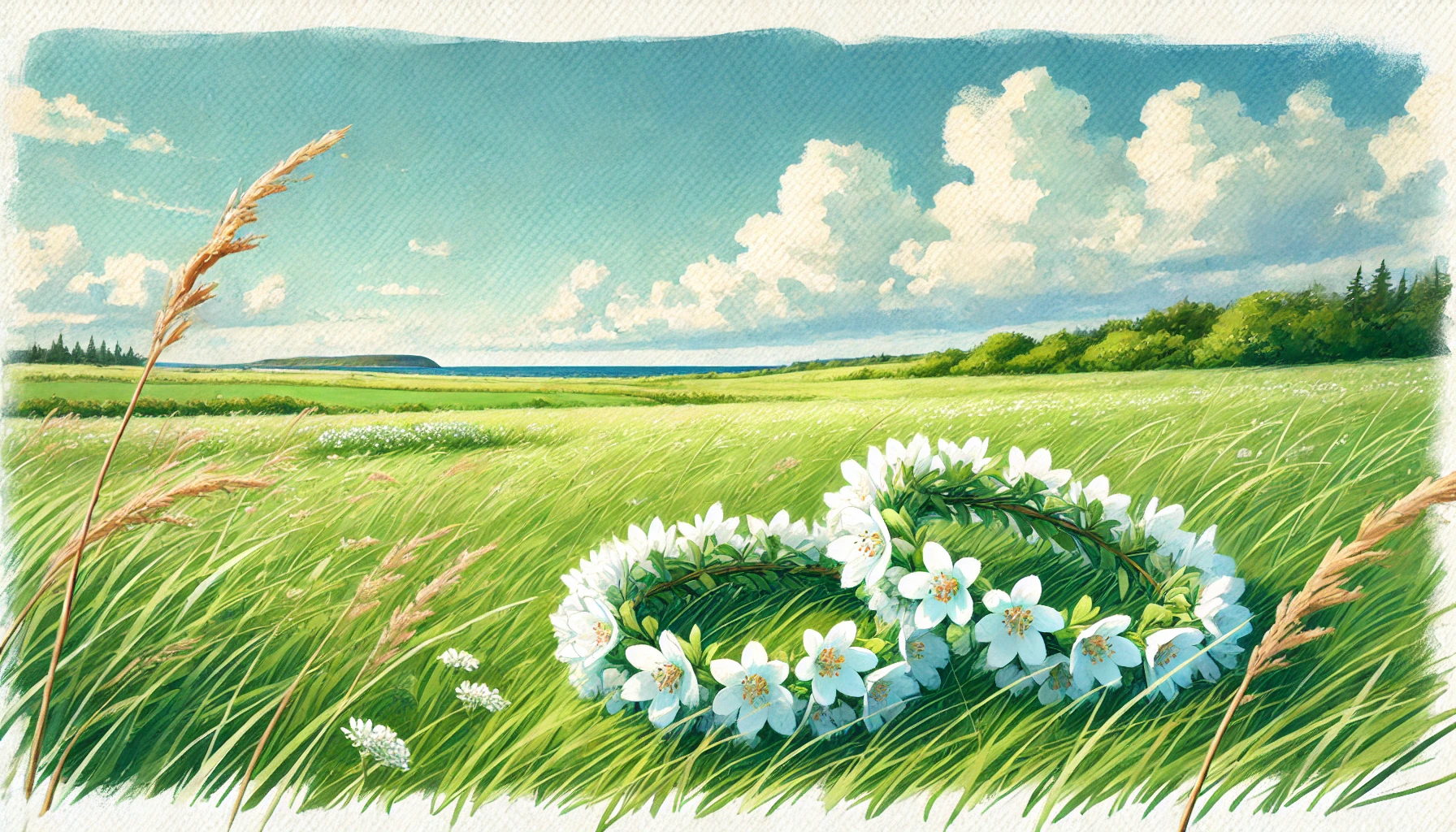 夏の草原に置かれた二つの花冠。アンとダイアナの永遠の友情を象徴している。