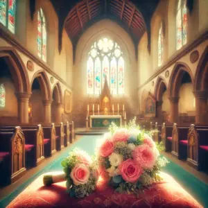 ウェディングブーケと花嫁介添人用のブーケ。アンの結婚式でダイアナが寄り添った友情を表している。