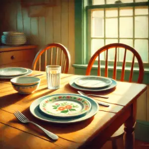 食卓に並んだ三人分の食器。二つのシンプルな皿と、一つだけ違う花柄の皿が、間違いから始まる家族の物語を象徴している。