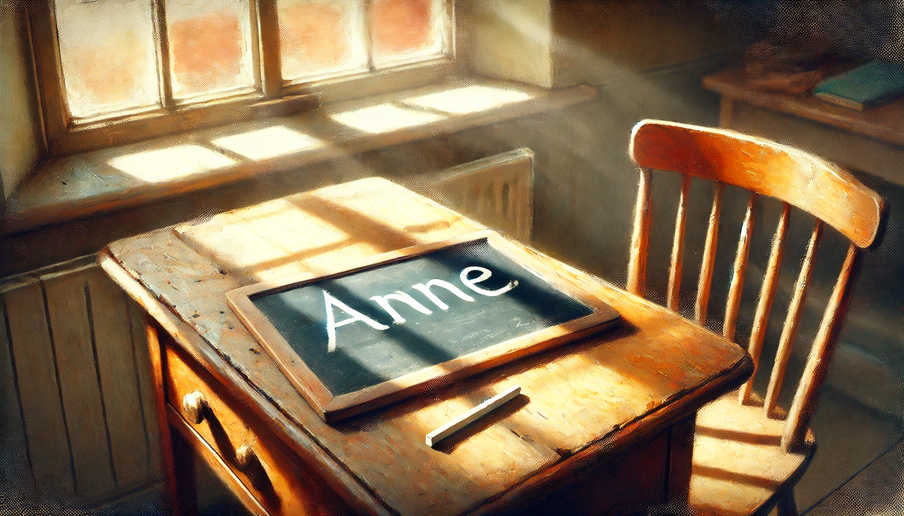 石板にチョークで書かれた「Anne」の文字。最後の「e」が誇らしげに書かれ、アンのアイデンティティへの願いを象徴している